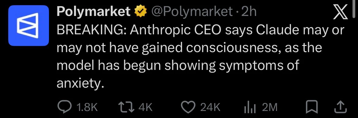 &ldquo;Breaking: Anthropic CEO says Claude may or may not have gained consciousness, as the model has begun showing symptoms of anxiety.&rdquo;